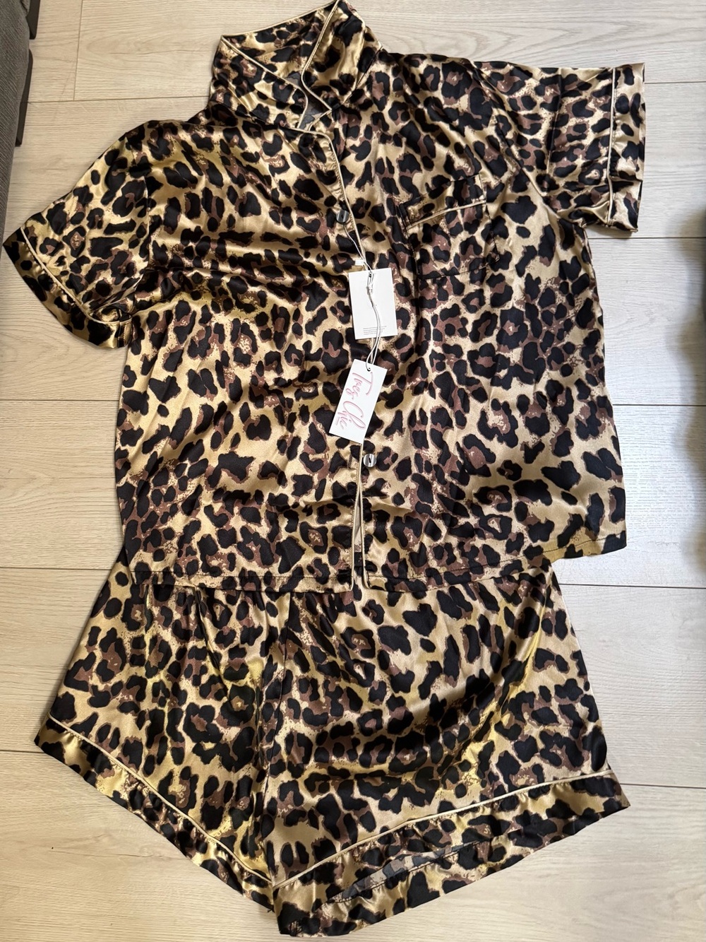 Leopard Print Satin Short Pajama Set - Brown/Black